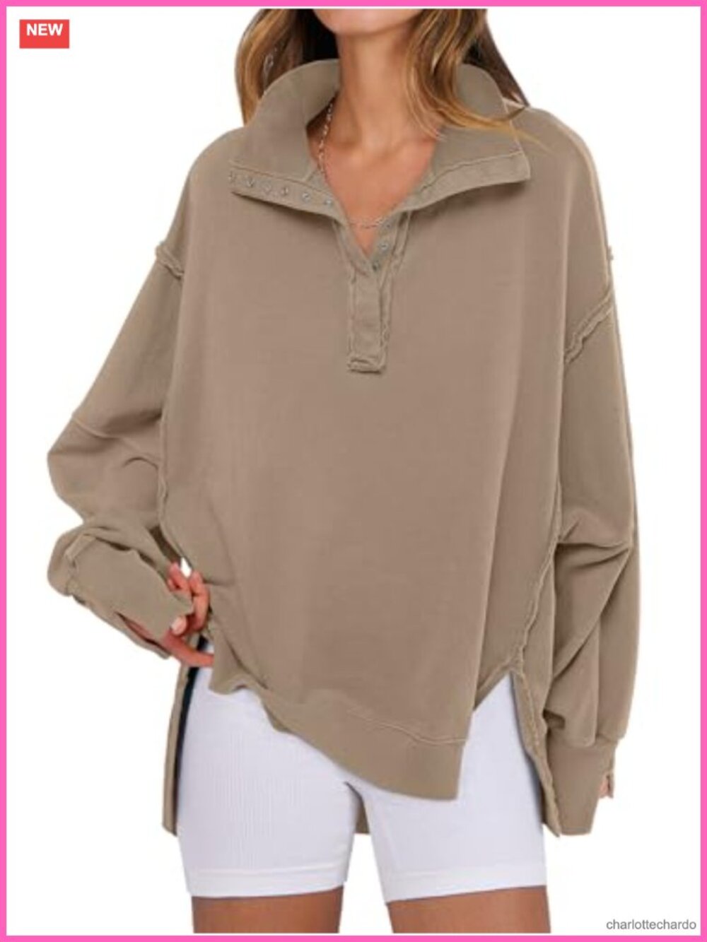 Oversized Henley Sweatshirt Long Sleeve Pullover Women Casual